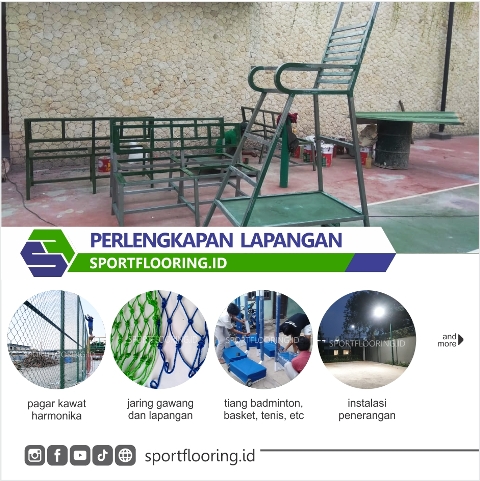 kawat harmonika, jaring lapangan, tiang badminton, tiang basket, instalasi lampu lapangan, sportflooring.id
